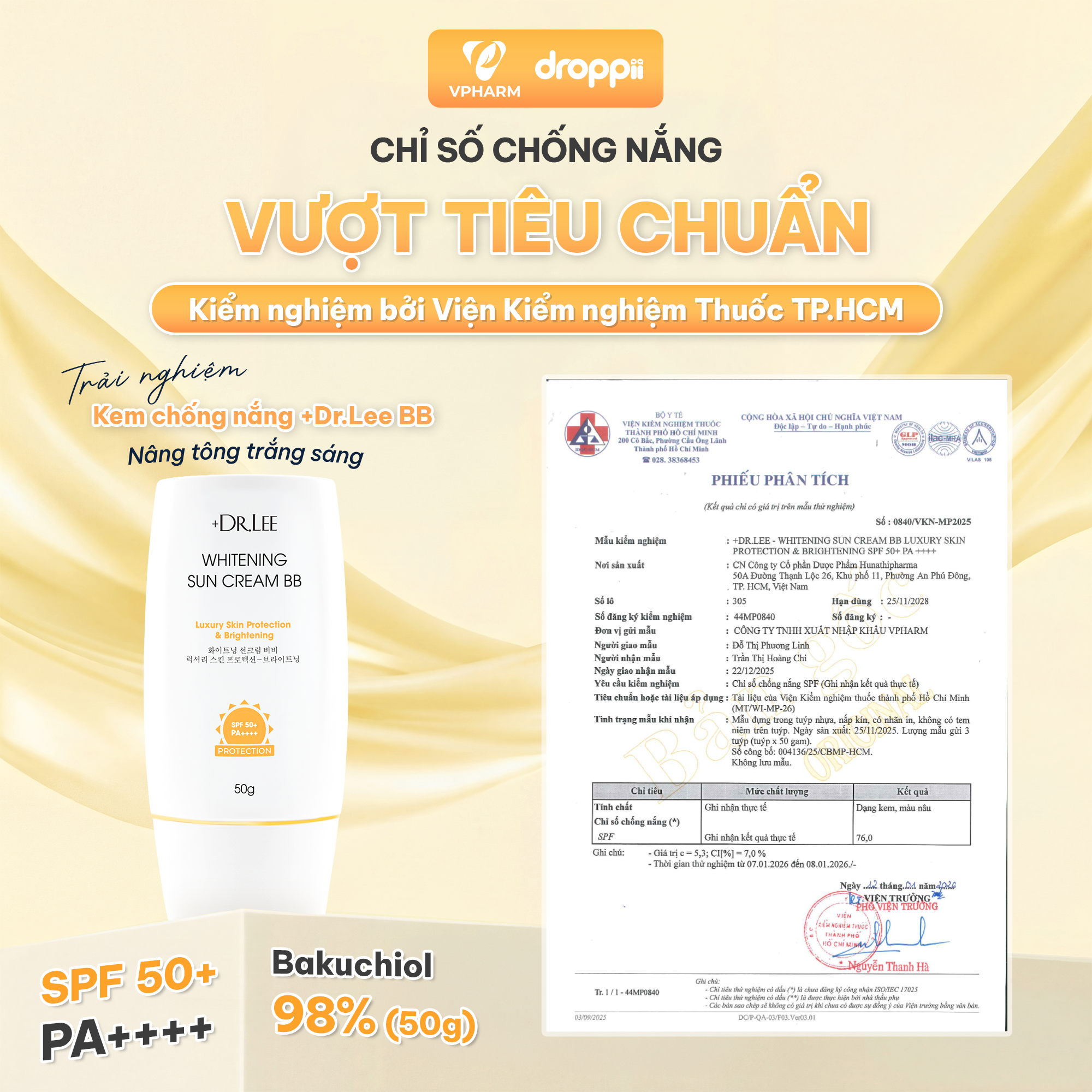 Kem Chống Nắng Phổ Rộng +Dr.Lee BB Luxury - Nâng Tone, Trắng Sáng & Ngừa Lão Hóa (SPF 50+/PA++++, Bakuchiol 98%, 50g) - Ảnh 6
