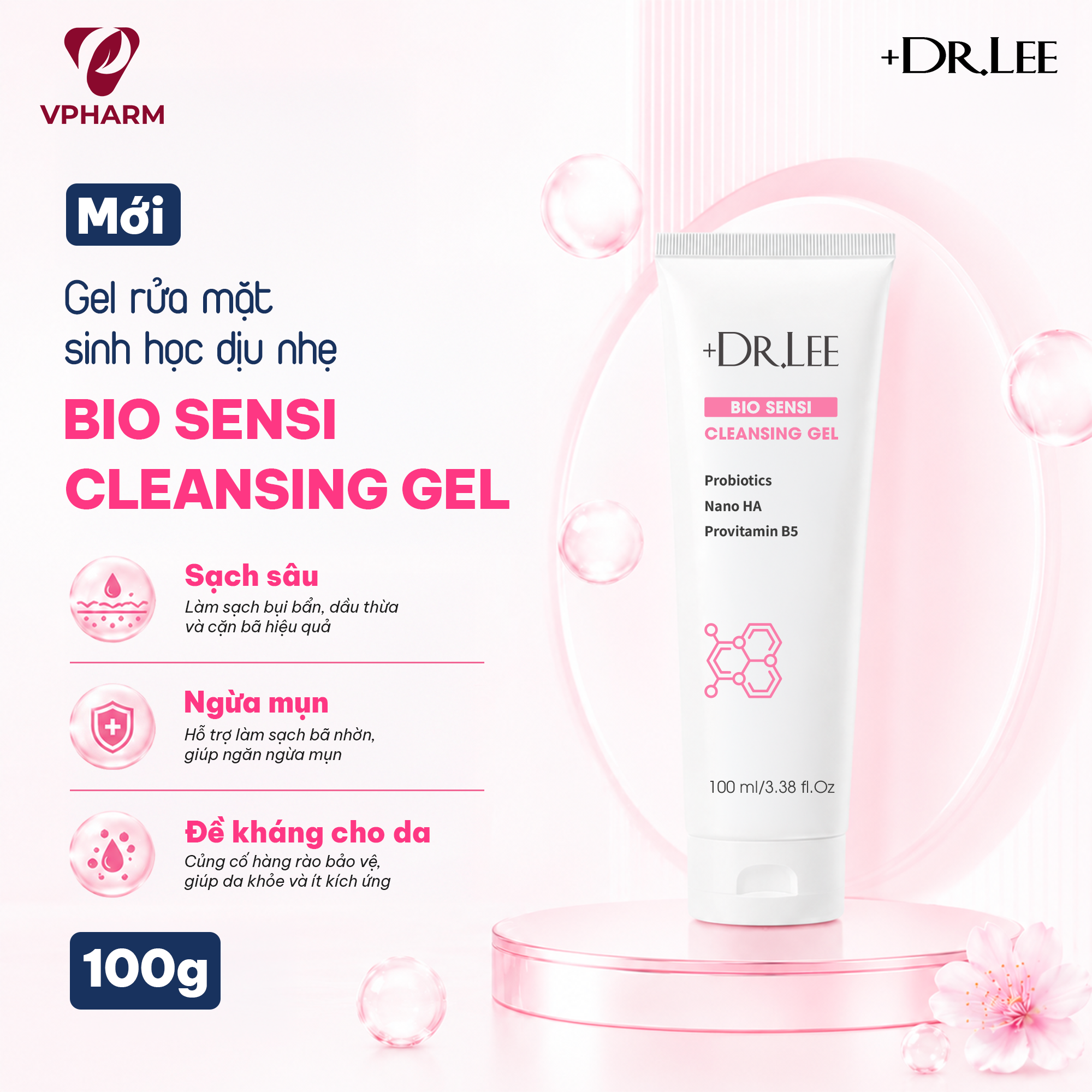 Gel rửa mặt sinh học +Dr.Lee giúp làm sạch dịu nhẹ, ngừa mụn và phục hồi 100g.